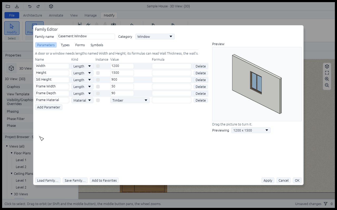 The Family Editor on the Casement Window family: its name and category, the Parameters tab with Width, Height, Sill Height, Frame Width, Frame Depth and a Frame Material, each with its kind, value and formula, a preview of the window in a wall, and Load Family, Save Family, Add to Favorites, Apply, Cancel and OK below