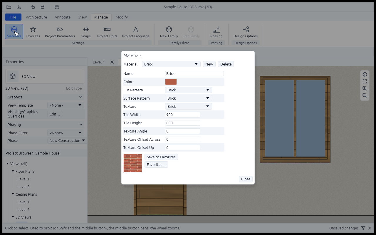 The Materials window on Brick: its name, colour, cut and surface pattern, a Texture drop-down with the tile's width and height, angle and offsets, a swatch of the texture, and the Save to Favorites and Favorites buttons