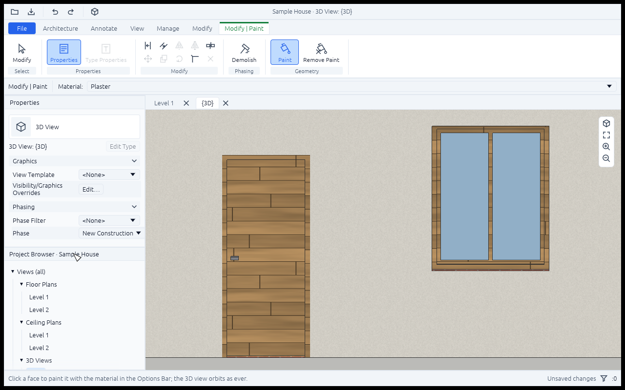 The Paint tool in the 3D view: the Modify | Paint tab, Plaster picked in the Options Bar, and the south wall's outside painted with it, grainy, round the door and the window, which keep their own materials