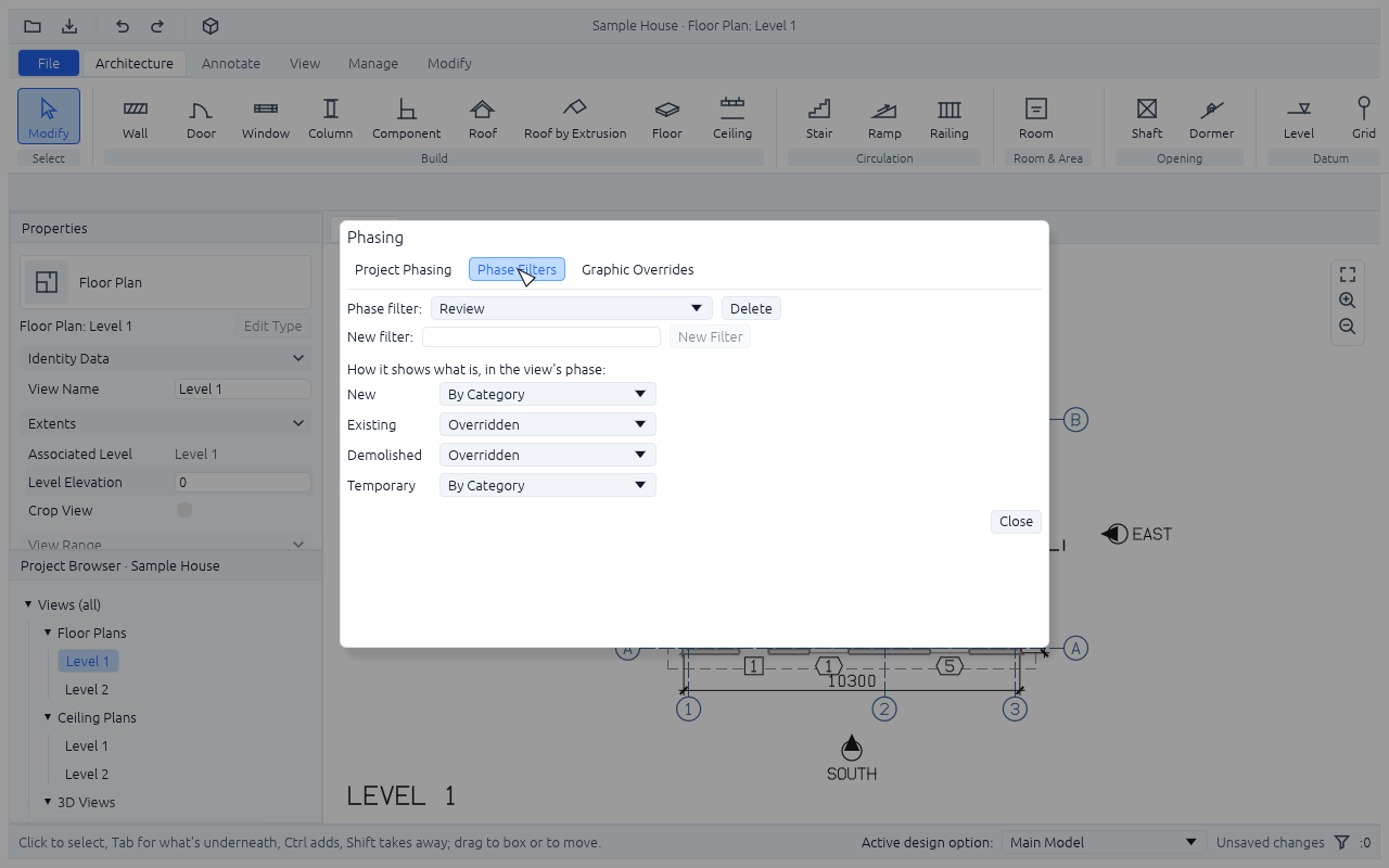 The Phasing dialog on its Phase Filters tab: the Review filter picked, with Delete, a field and New Filter for another, and a drop-down for each status, New and Temporary by category, Existing and Demolished overridden
