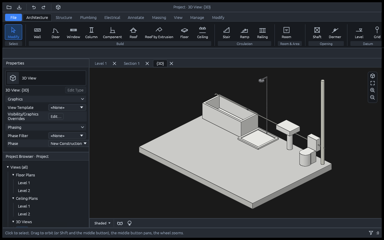A 3D view in dark mode of a bathroom floor with its walls hidden: a bathtub, a shower with its head on a riser, a washbasin on its pedestal and a WC, the cold water pipe along the back and a tall sewer riser