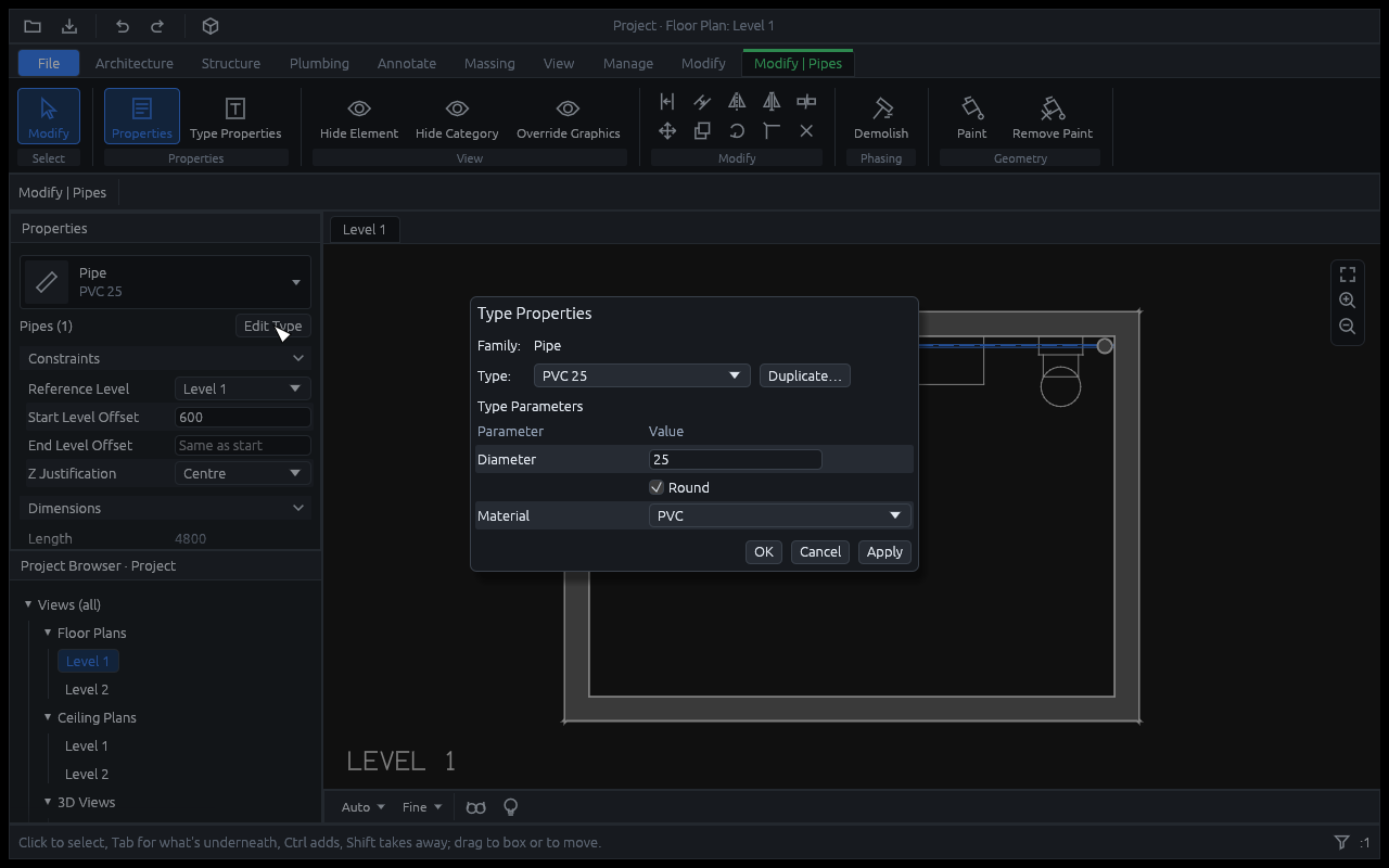 Type Properties of a pipe in dark mode: its Diameter, a Round check box and its Material, PVC