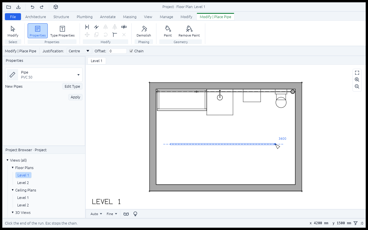 The Plumbing tab's Pipe tool in a plan of a bathroom with a bathtub, a shower, a washbasin and a WC against the north wall: a start picked, the pipe a click would make sketched to the cursor with its length, 3600, the Options Bar's Justification (Centre), Offset and Chain, and the Type Selector on PVC 50