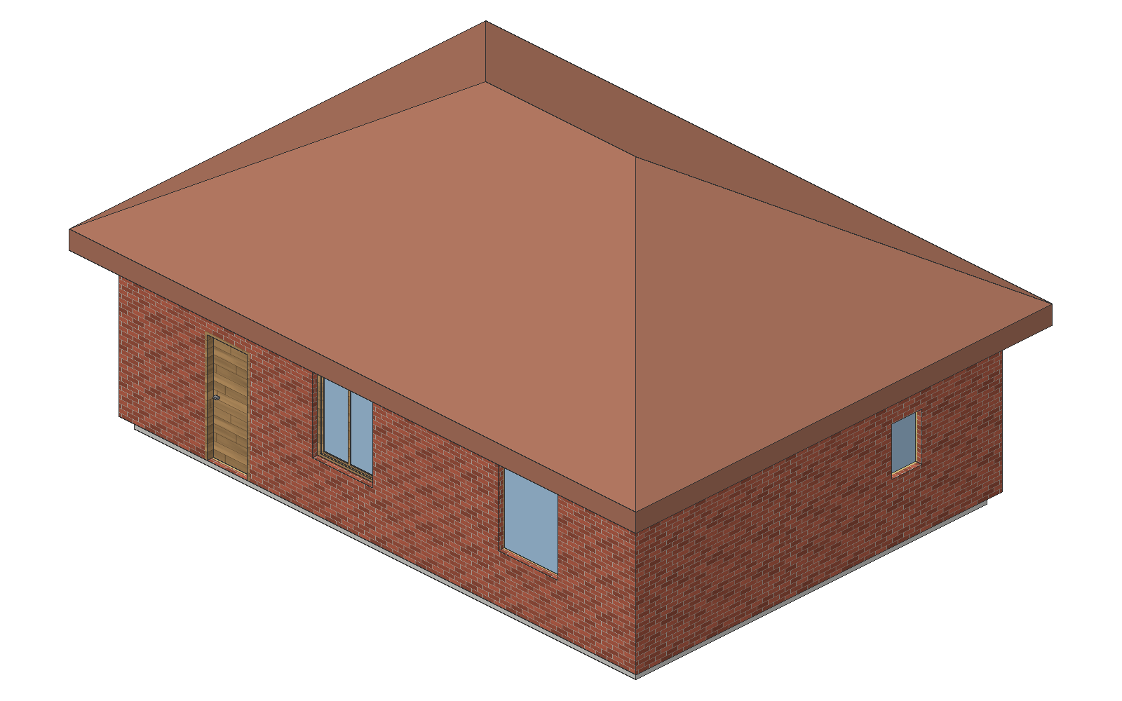 The sample house in 3D from the south-east: its hipped roof over the walls, their brick outer layer textured with brick laid in courses, and the front door and two windows made of families, with boards, glass and a handle