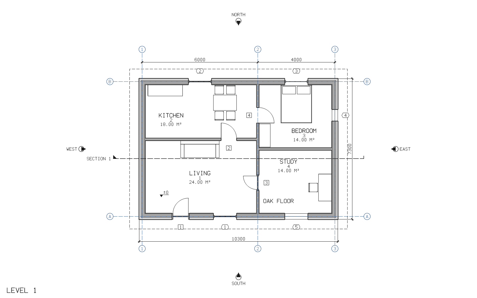 Level 1 of the sample house: grey wall poché, door swings, windows, its furniture seen from above, room tags with areas, grid bubbles, dimensions, door and window tags, a spot elevation and a note, and the roof's edge dashed overhead