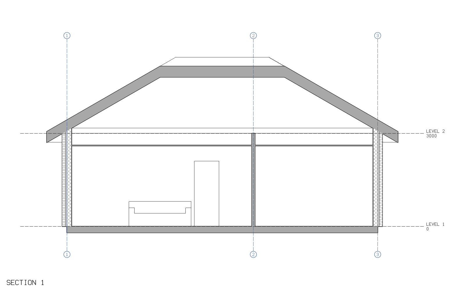 Section 1 of the sample house: the walls it cuts with their brick and block layers hatched, the slab and hipped roof in grey poché, the sofa and the partition beyond, the partition with its door, the levels with their heights, and grids 1 to 3