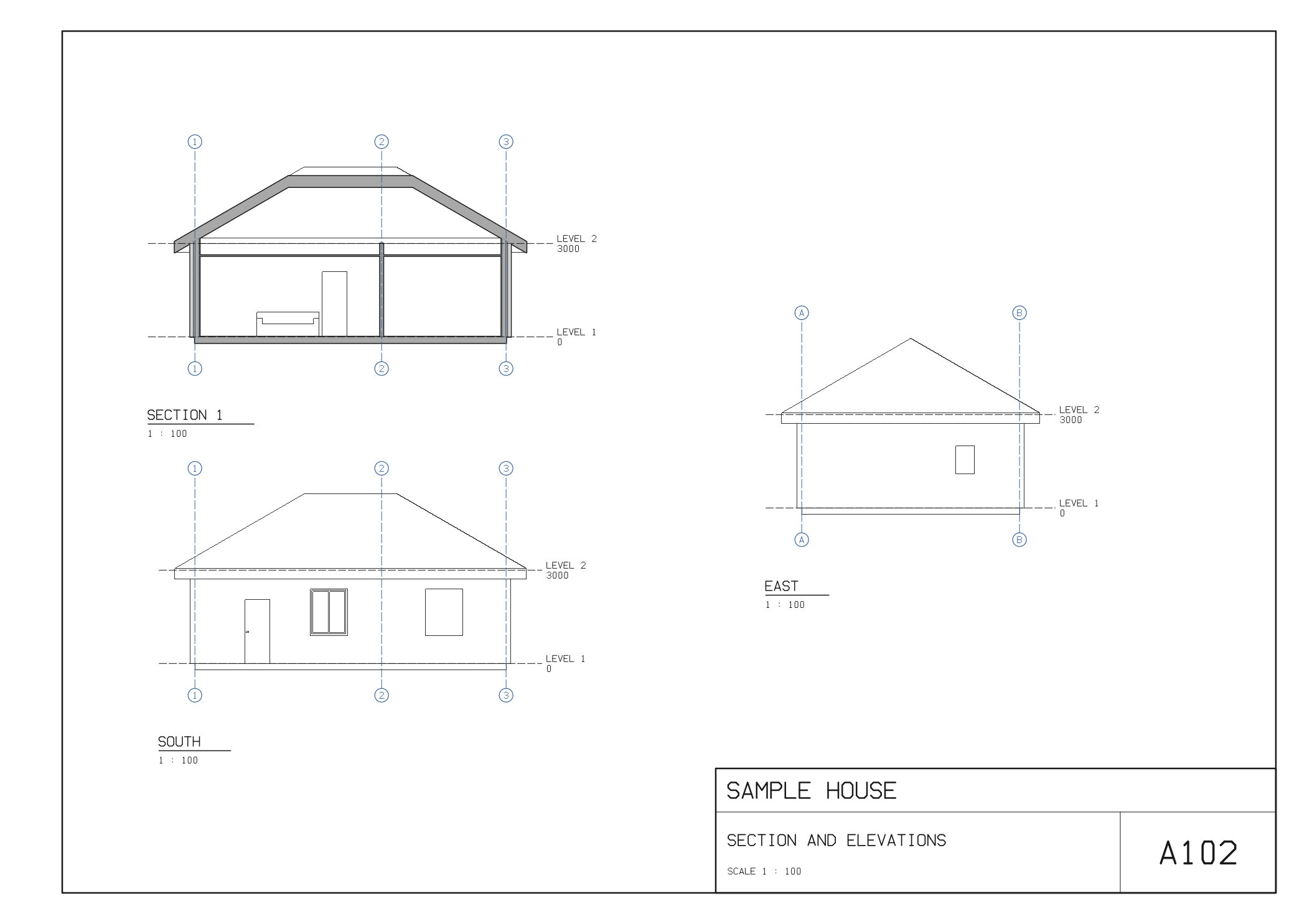 Sheet A102 of the sample house: Section 1 and the South and East elevations at 1 : 100, each titled, and the title box with the project, the sheet's name, its scale and its number