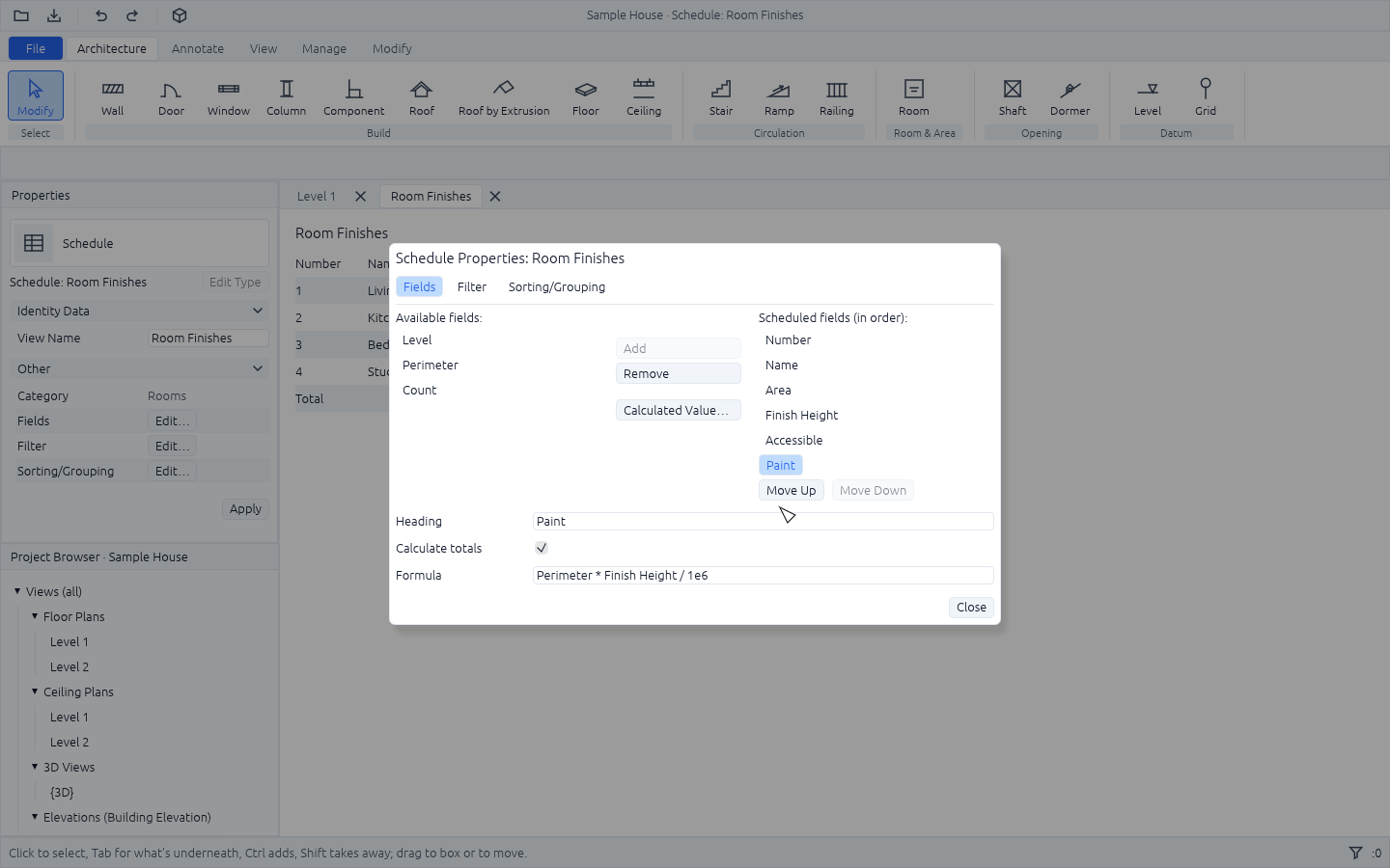 Schedule Properties over the room schedule, on its Fields tab: the available fields, Add, Remove and Calculated Value, the scheduled fields in order with Move Up and Move Down, and the calculated Paint field picked, its heading, Calculate totals ticked and its formula, Perimeter times Finish Height over a million