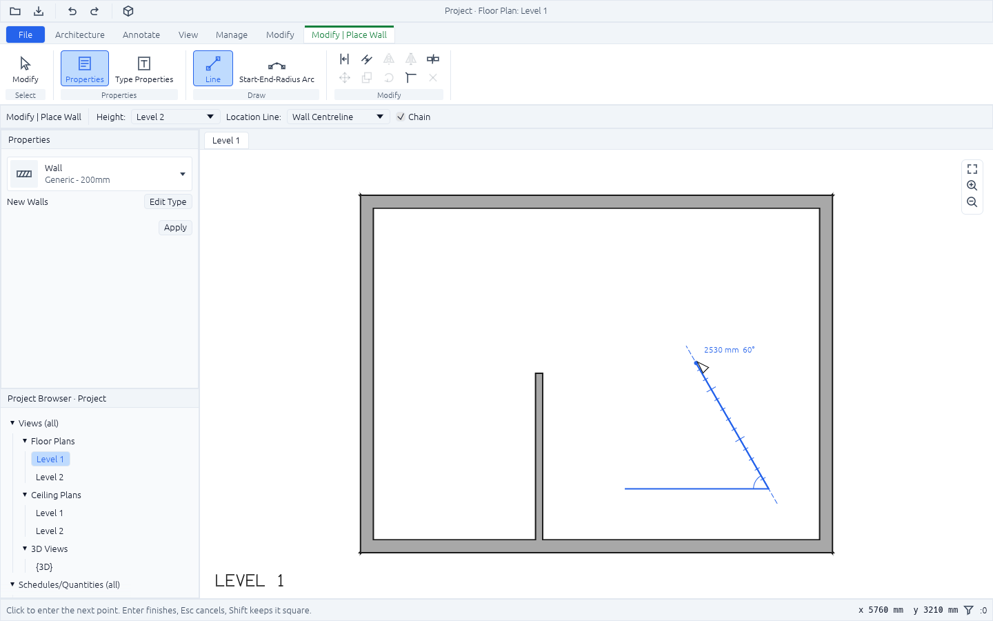 The Wall tool in a plan: a first wall drawn level, a second running up and back from its end at a dashed angle guide, a graduated ruler along it reading 2530 mm and 60°, and a small arc at the corner showing the sharp angle between the two walls
