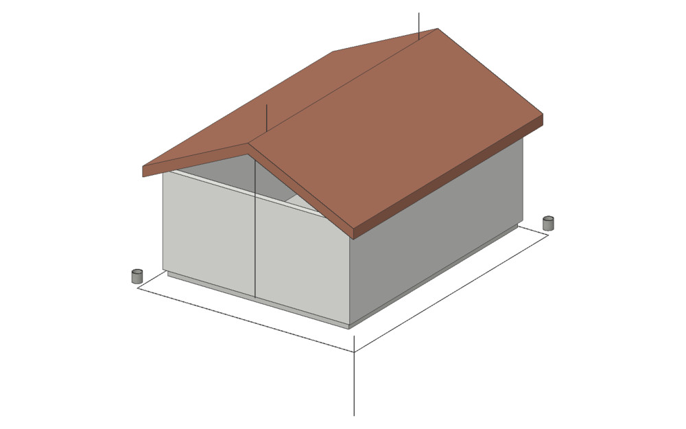 A 3D view of a house with a gable roof: air terminals along the ridge, two down conductors standing along the gable walls, the earthing ring round the building at the ground and its electrodes and inspection boxes