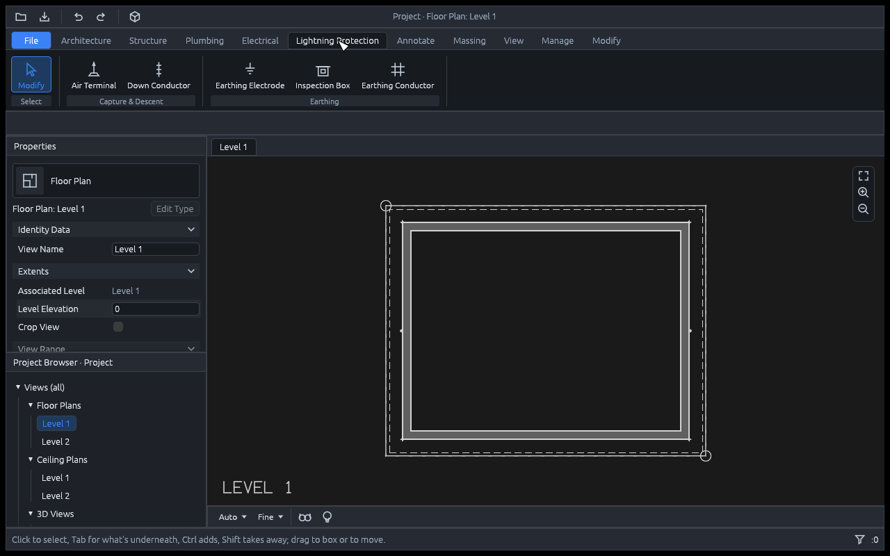 The Lightning Protection tab in dark mode over a plan: the panels Capture and Descent (Air Terminal, Down Conductor) and Earthing (Earthing Electrode, Inspection Box, Earthing Conductor), the earthing ring dashed round the house with an inspection box at two corners