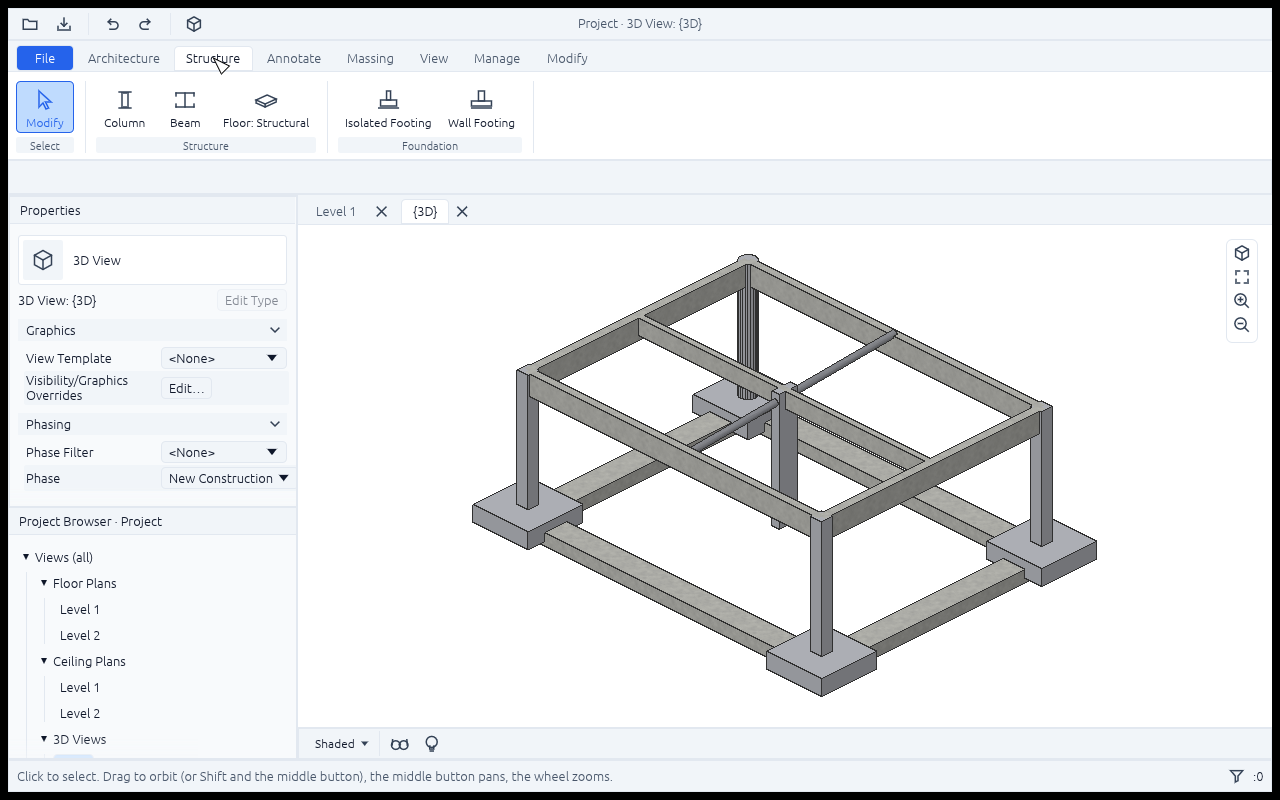 The Structure tab (Column, Beam, Floor: Structural, Isolated Footing, Wall Footing) over a 3D view of a concrete frame: four isolated footings and a strip footing under them, four columns (one round), beams hanging under the second level, an interior beam and a sloped steel tube