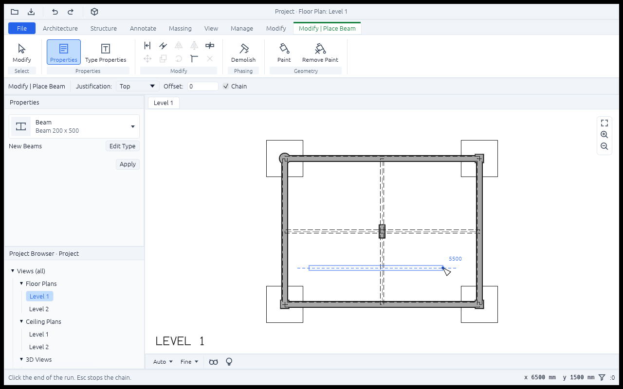 The Beam tool in a plan: a start picked, the beam a click would make sketched to the cursor with its length, 5500, the Options Bar's Justification, Offset and Chain