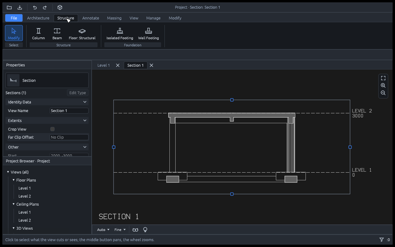 A section across the frame in dark mode: the structural floor in poché with the beams it cuts hanging under it, the strip footings cut below the first level, the isolated footings and columns beyond in outline