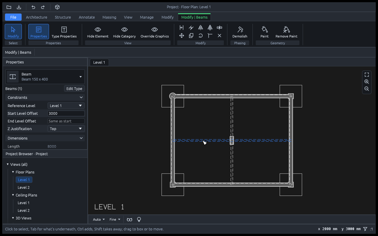 A beam selected in dark mode: its Properties with Reference Level, Start and End Level Offset, Z Justification and its length, the structural columns and footings drawn in plan