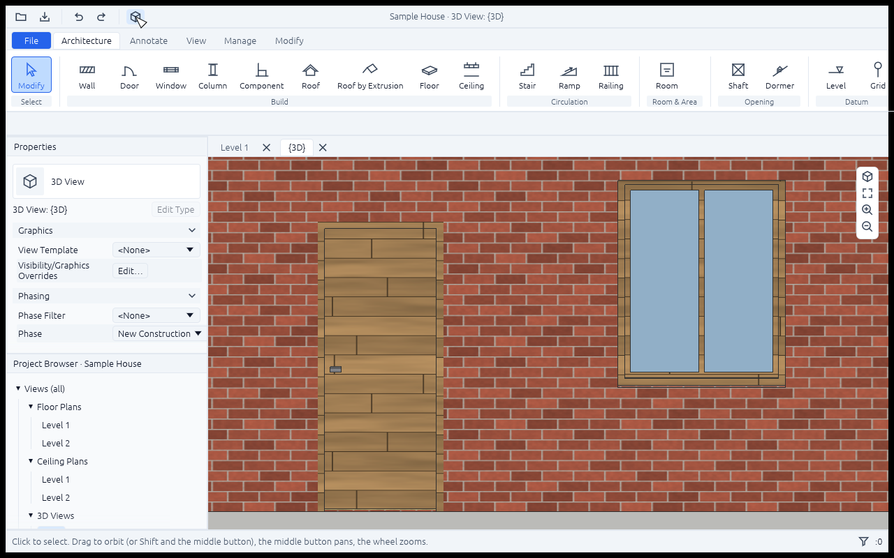 The sample house's south wall close up in the 3D view: the brick laid in courses at its real size, the front door of a family with its timber boards, frame and handle, and beside it a casement window of a family, its two panes of glass in their sashes