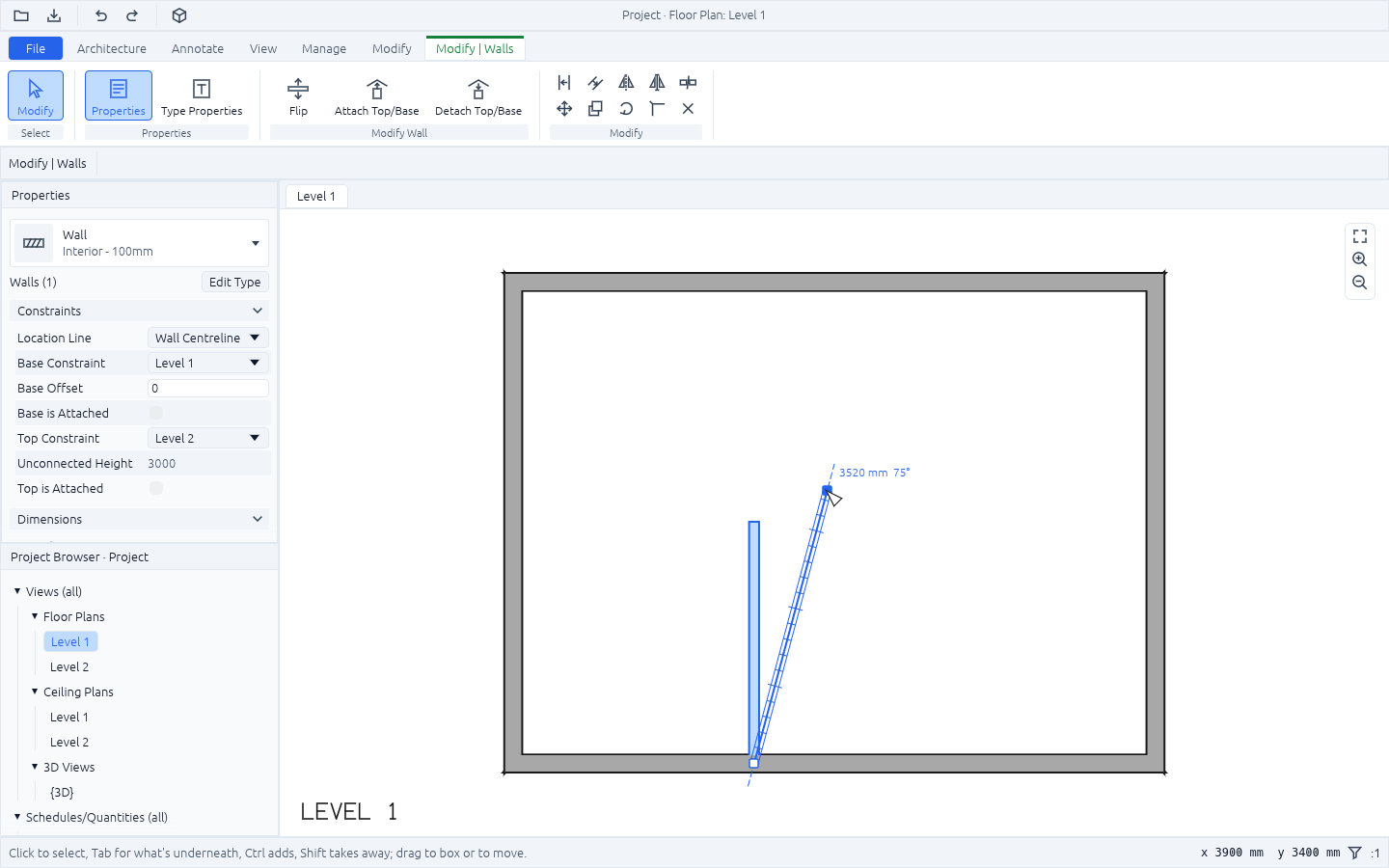 A partition wall selected, its far end being dragged: a grip at each end, the wall as it would stand outlined in blue, a graduated ruler from the fixed end along a dashed guide at 75° reading 3520 mm and 75°