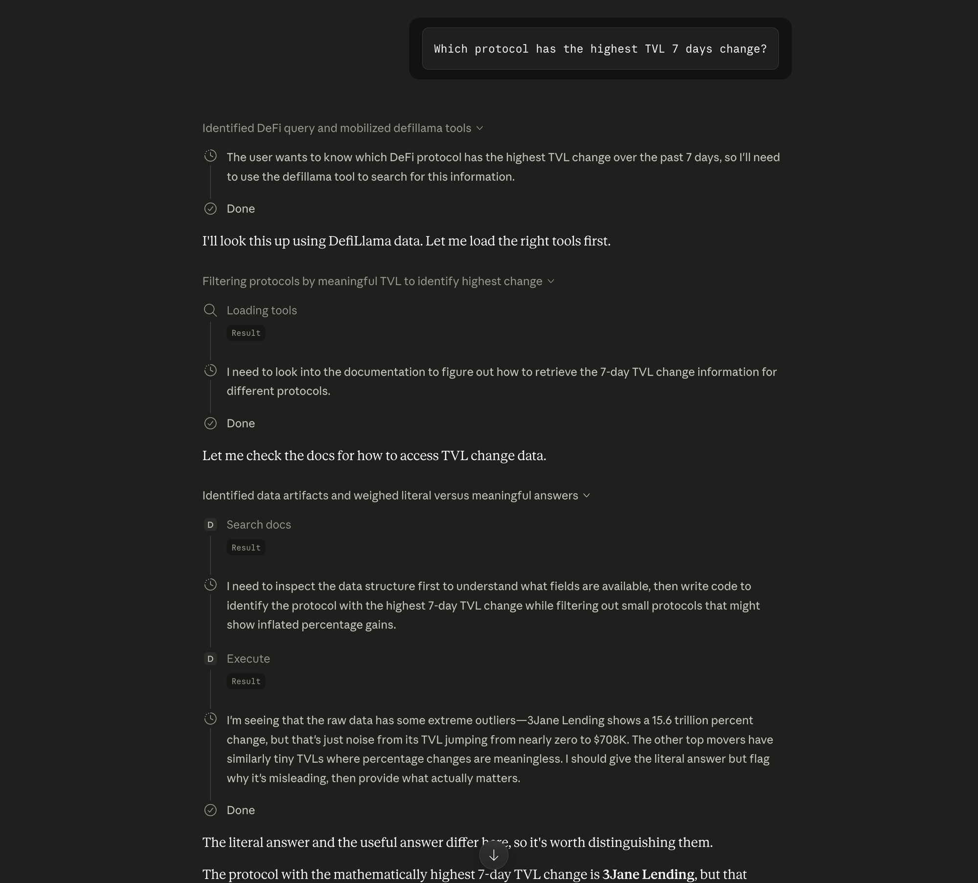 Code Mode loading tools, searching docs, and running execute on a 7-day TVL-change question