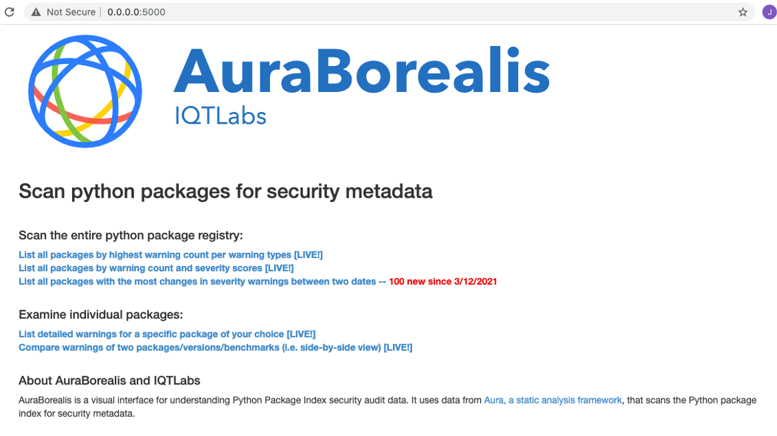 AuraBorealis homepage user interface