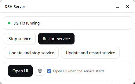 Panel while the service is running