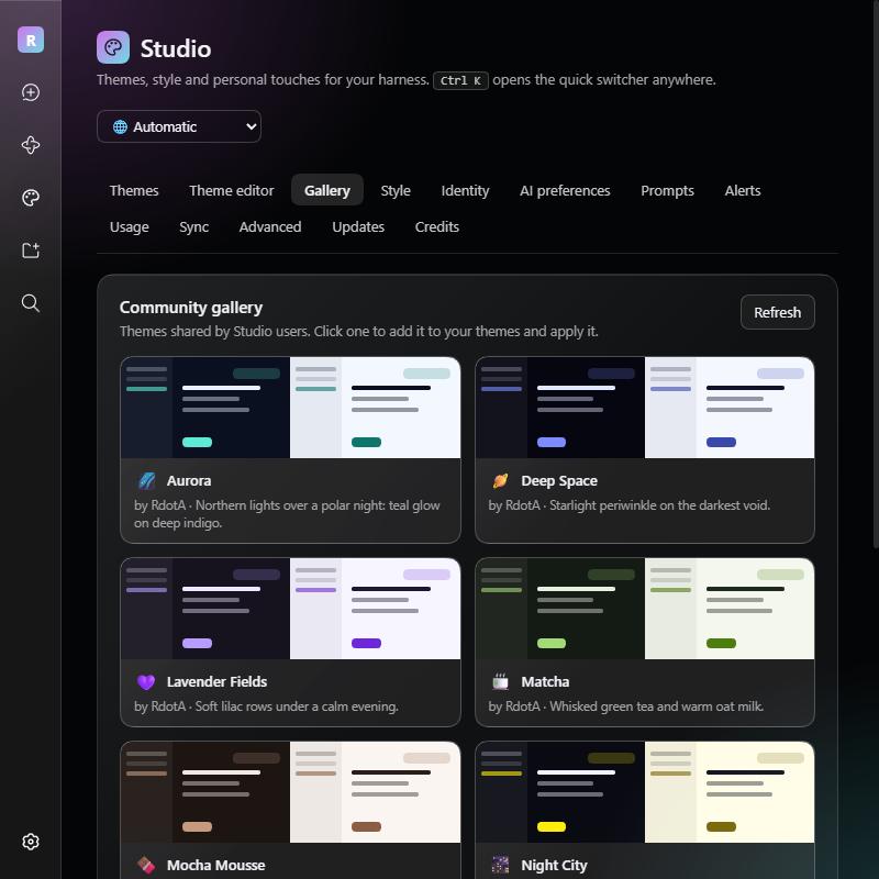 Gallery tab with community themes and their authors