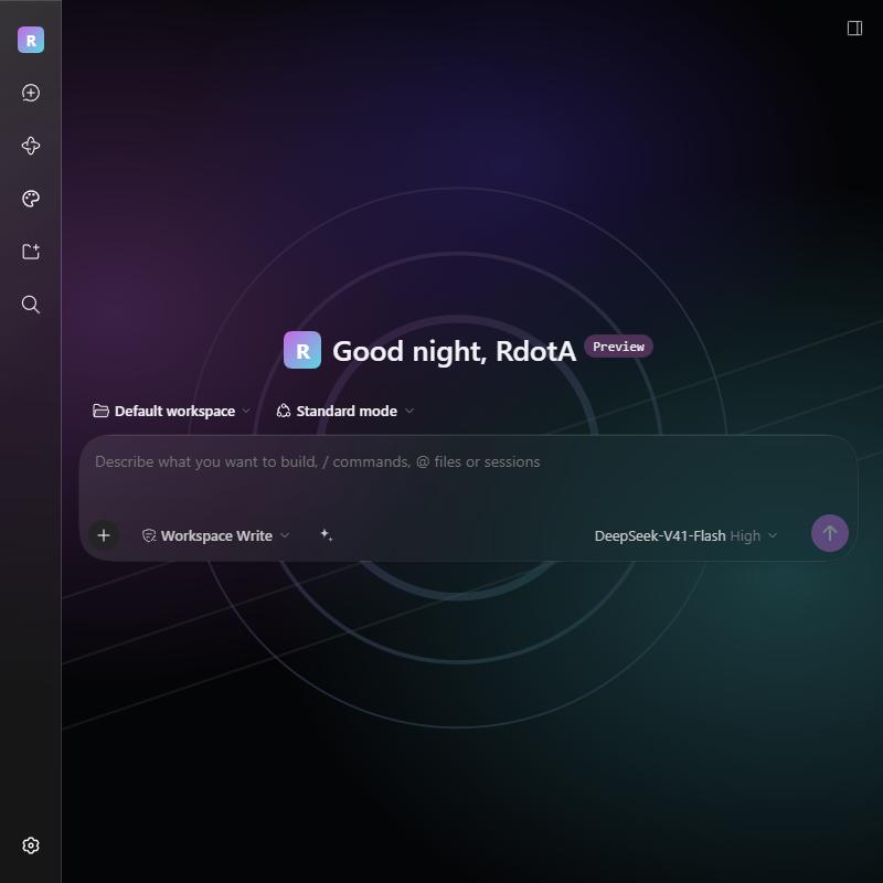 Frosted-glass composer over a wallpaper, greeting "Good night, RdotA"