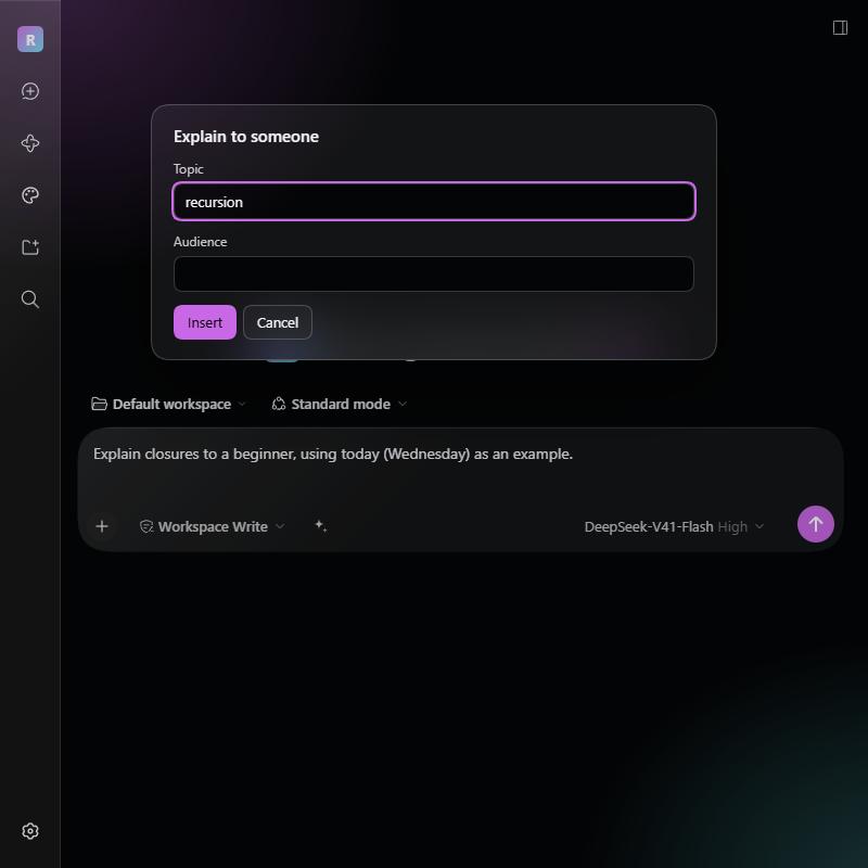 A saved prompt asking for Topic and Audience before inserting