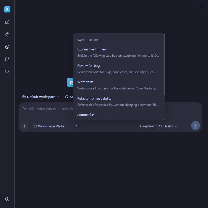 Saved prompts menu beside the composer