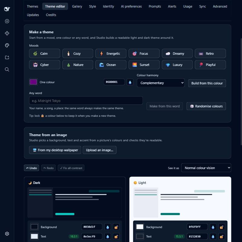 Theme editor: moods, one colour, any word, with the Cyber mood previewed across the app