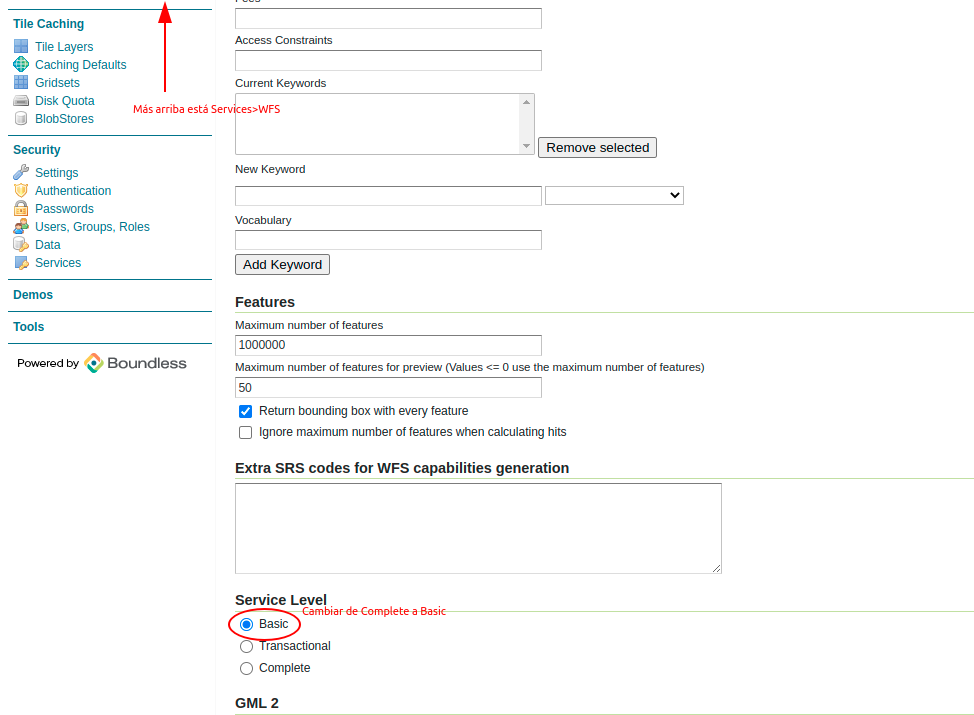 Cambiar el Service Level en WFS de Complete a Basic