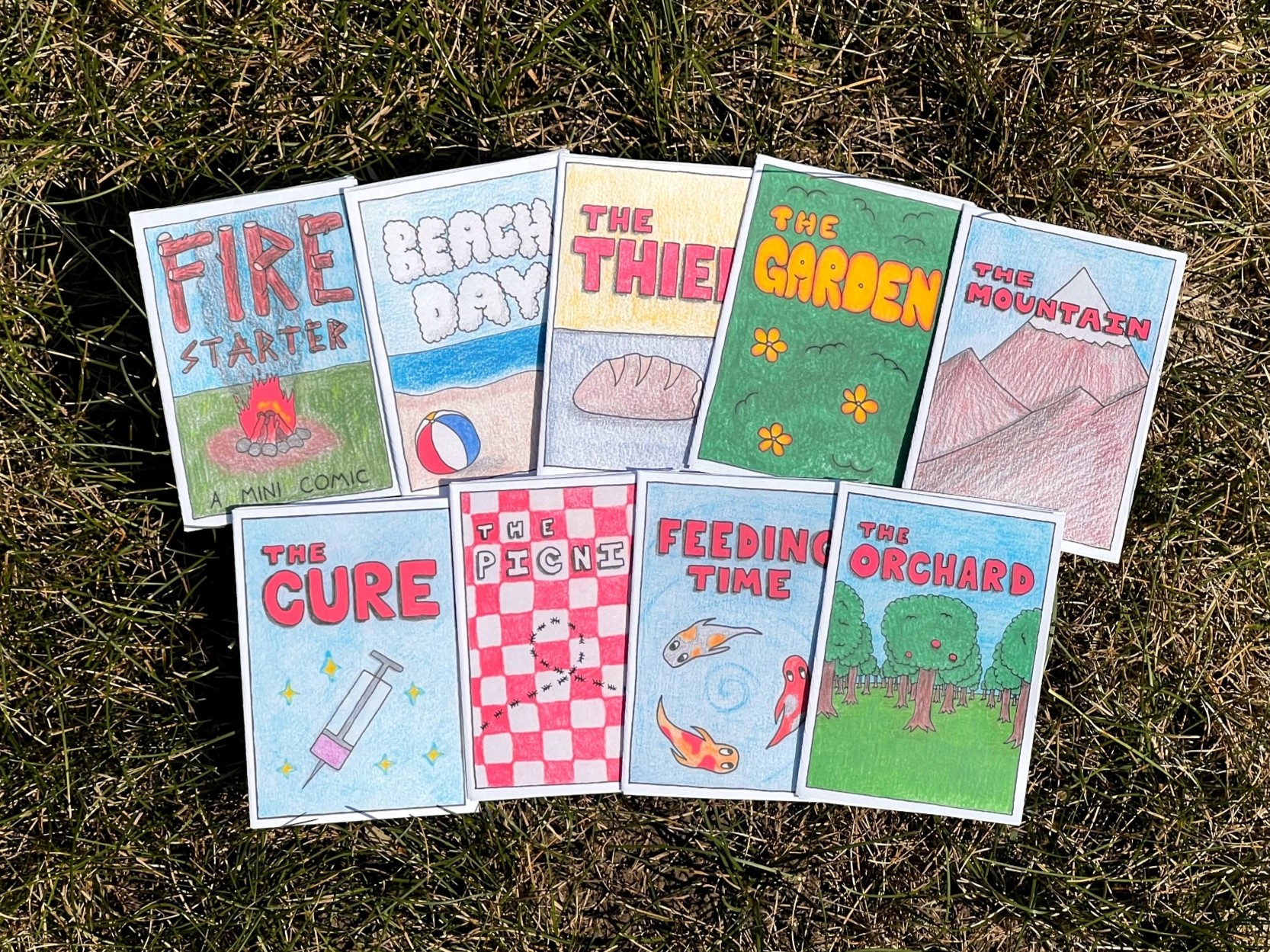 Contact sheet showing a collection of hand-drawn Bugnut mini-comic covers