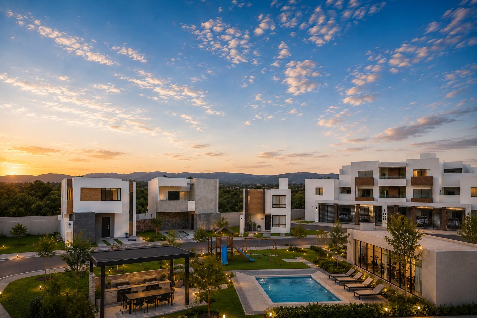 Conjunto residencial CASTDIM al atardecer