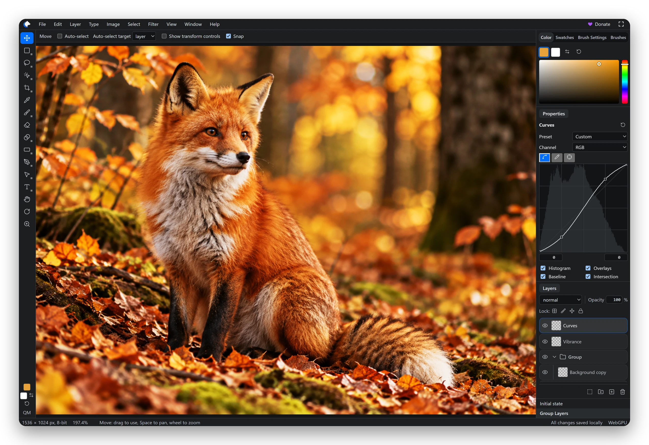 Layers with groups, Vibrance and Curves adjustment layers, Curves properties