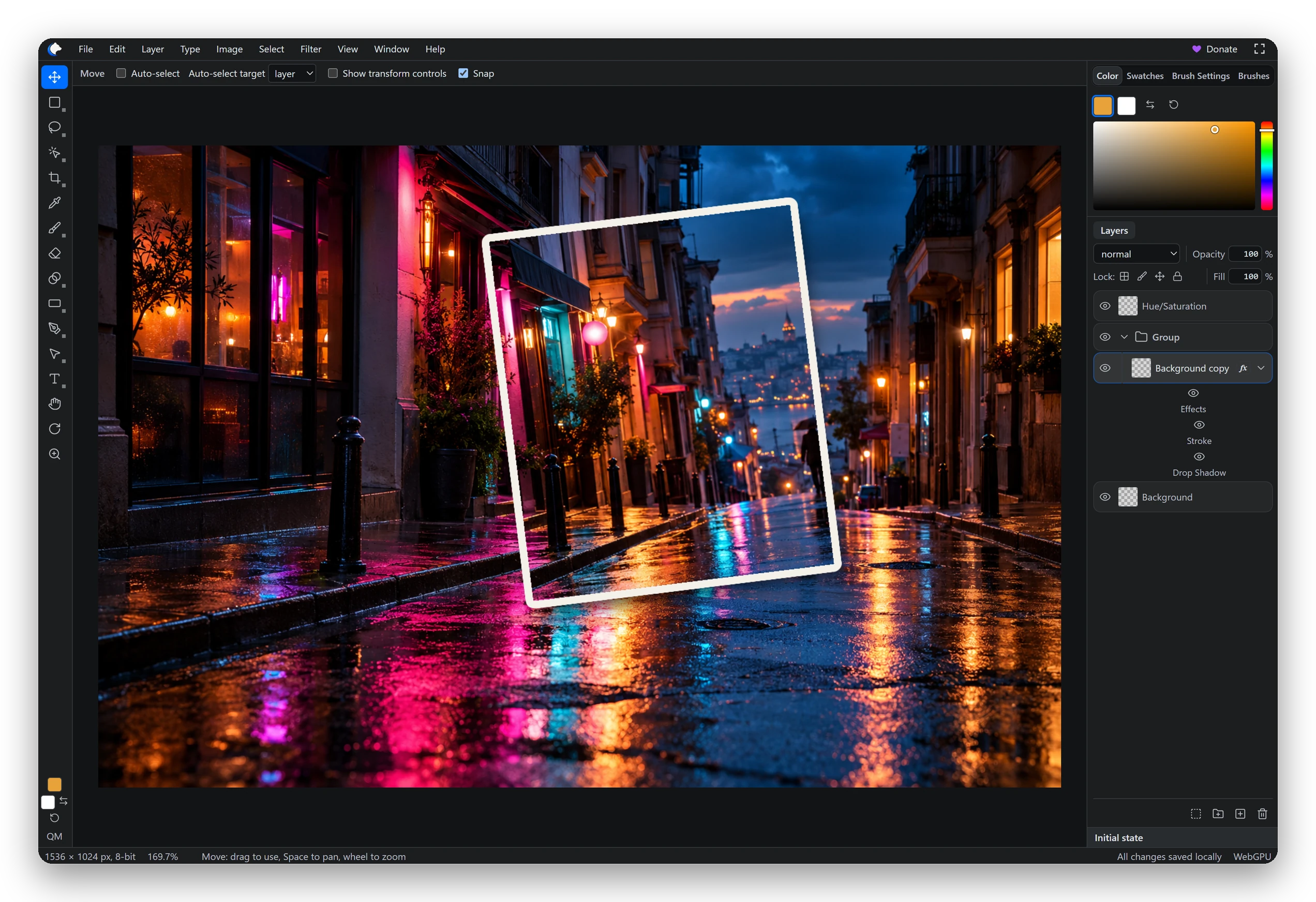 A layered PSD reopened with its group, layer effects and adjustment layer