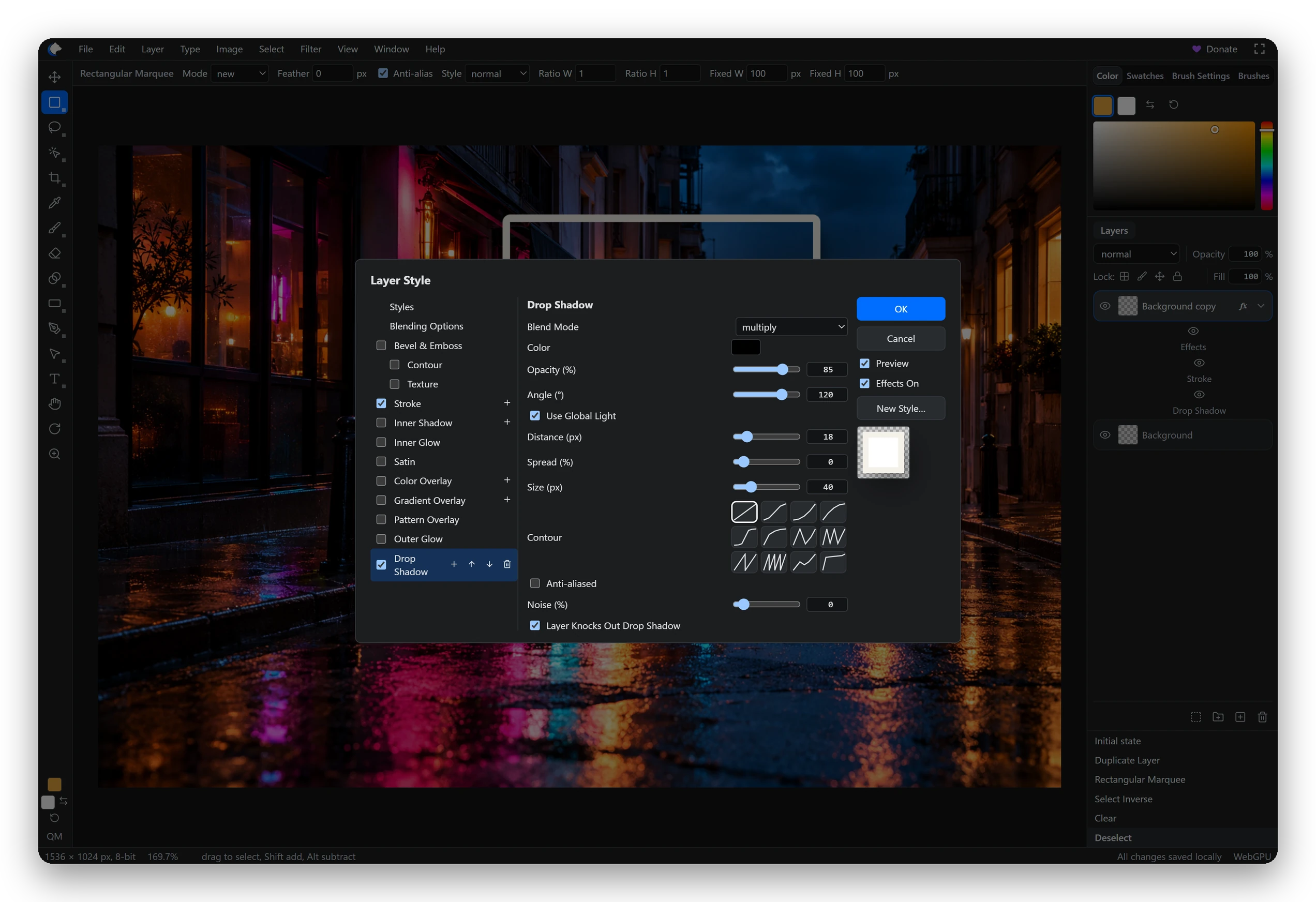 Layer Style dialog with Stroke and Drop Shadow