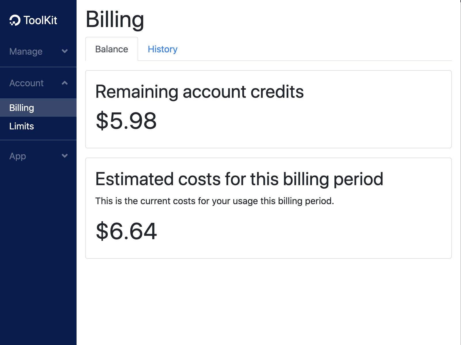 DigitalOcean ToolKit Billing Balance Screenshot