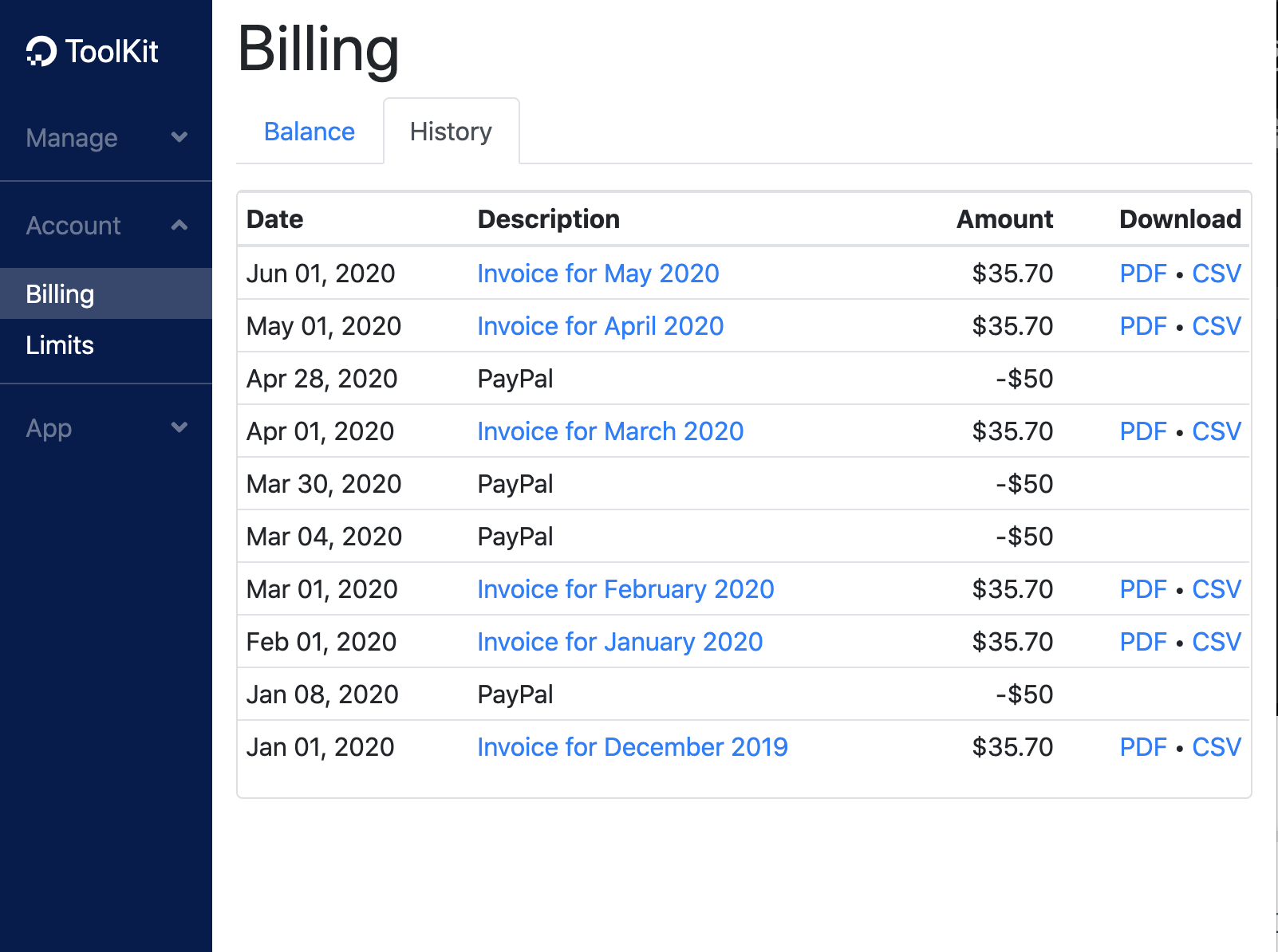 DigitalOcean ToolKit Billing History Screenshot