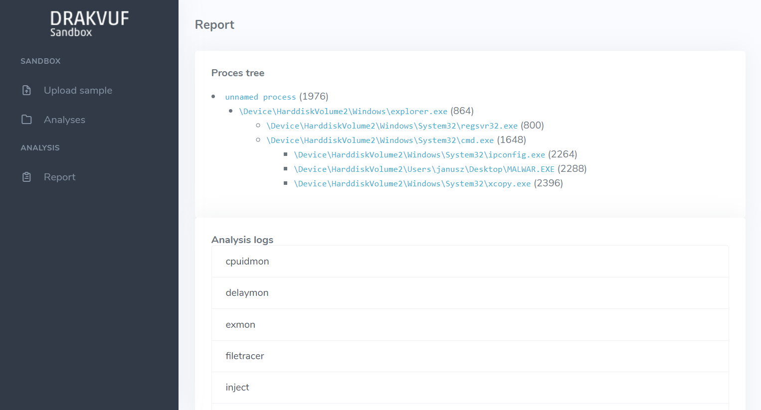 DRAKVUF Sandbox - Analysis view