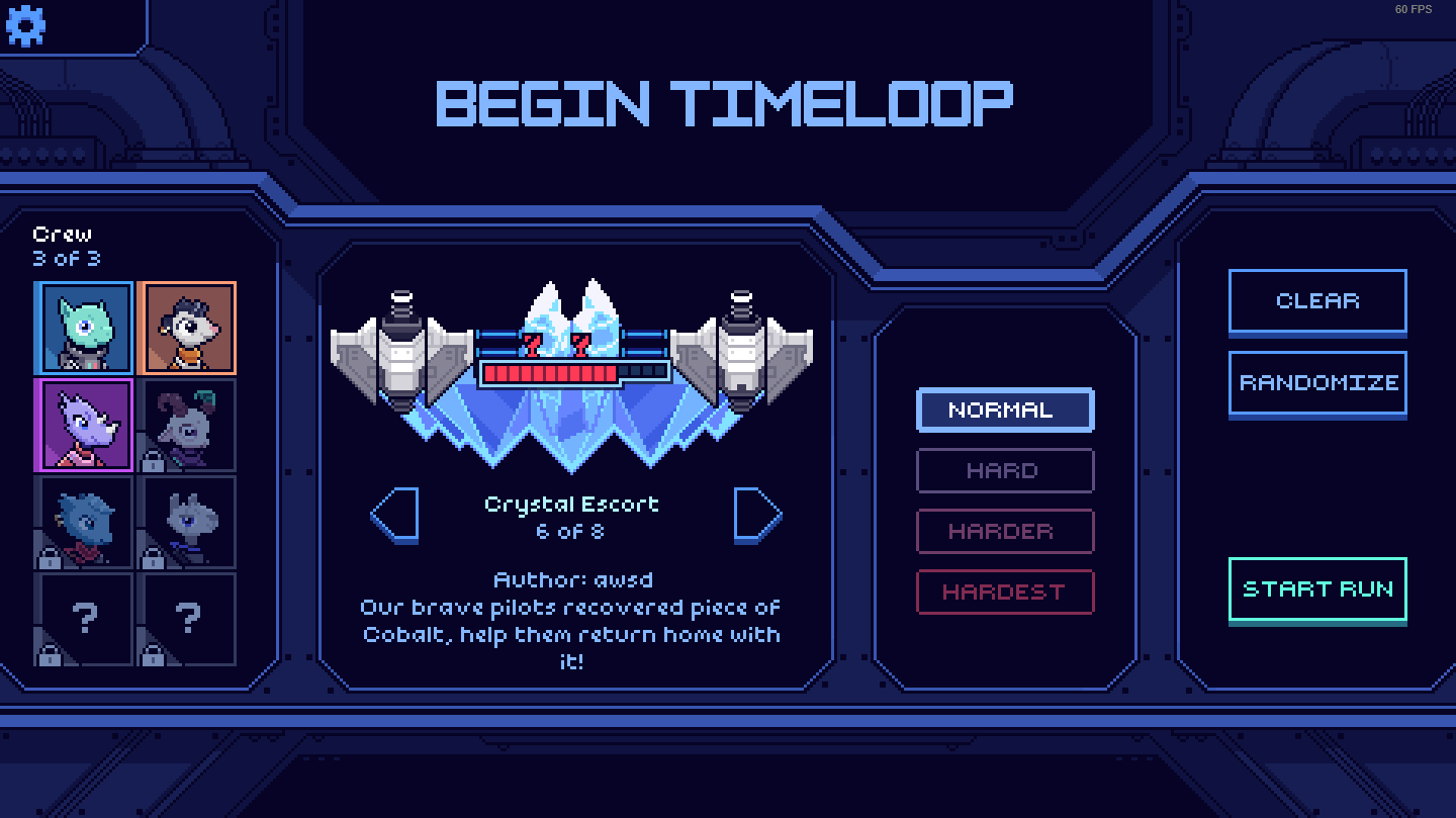 Begin TimeLoop screen with the ship "Crystal Escort" selected