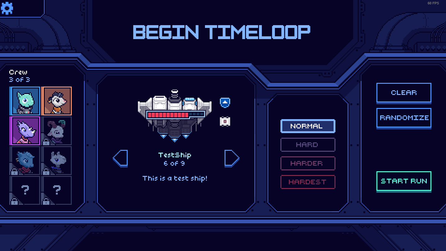 Begin TimeLoop screen with the ship "Test Ship" selected