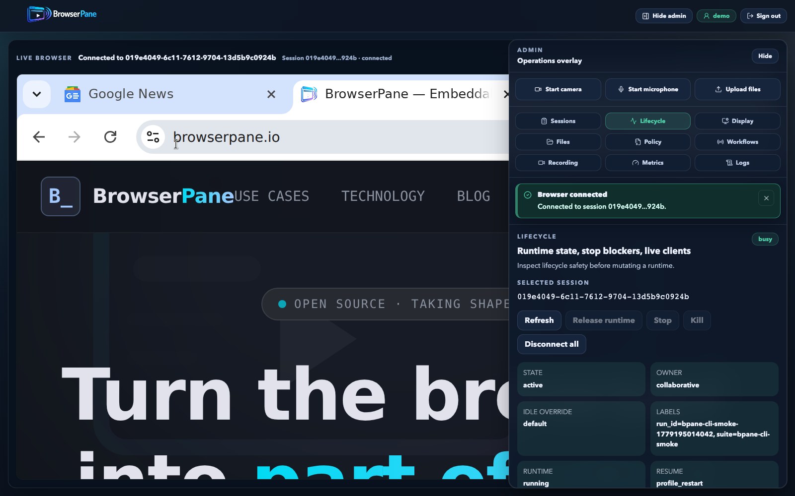 BrowserPane live workspace lifecycle tab
