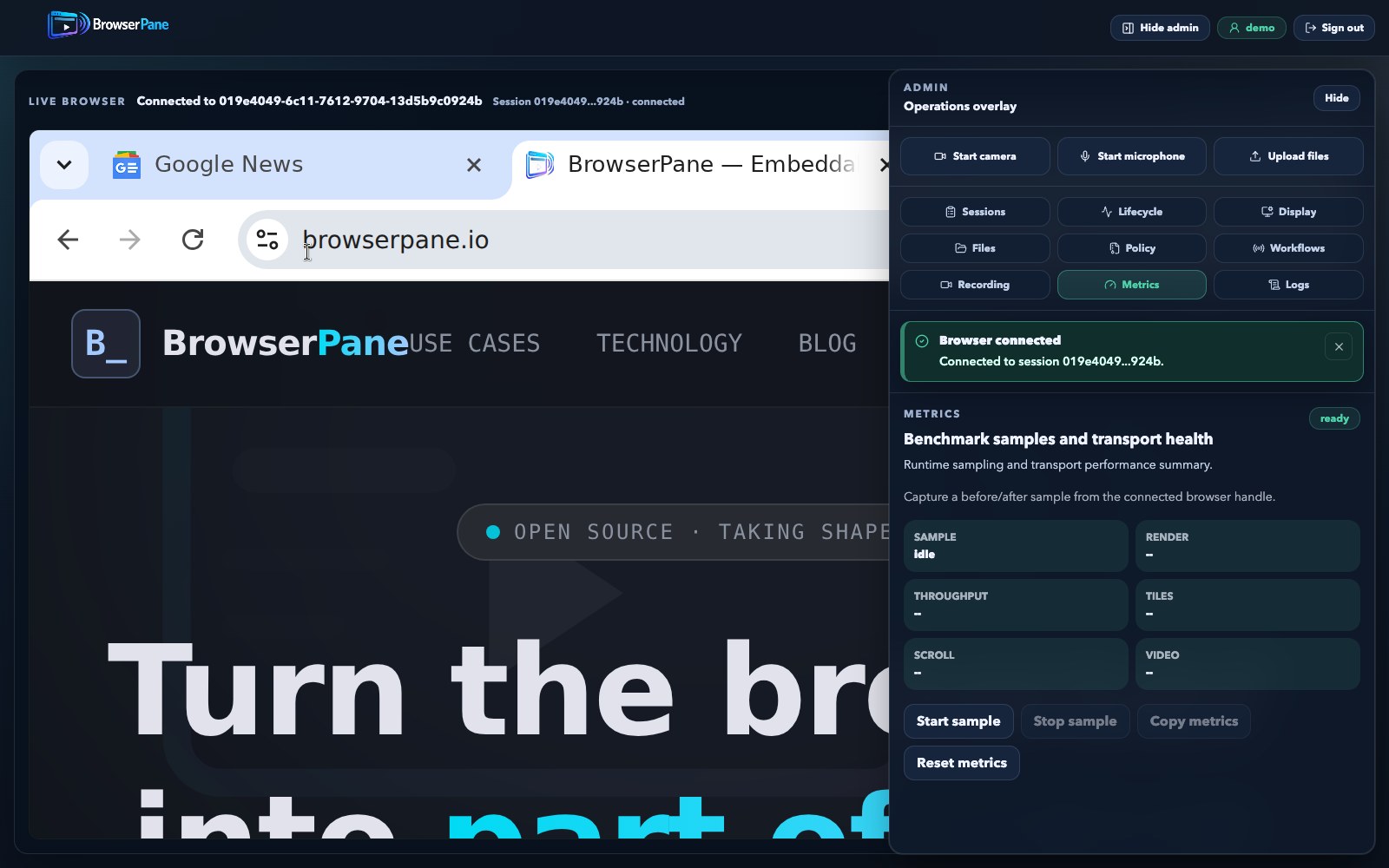 BrowserPane live workspace metrics tab