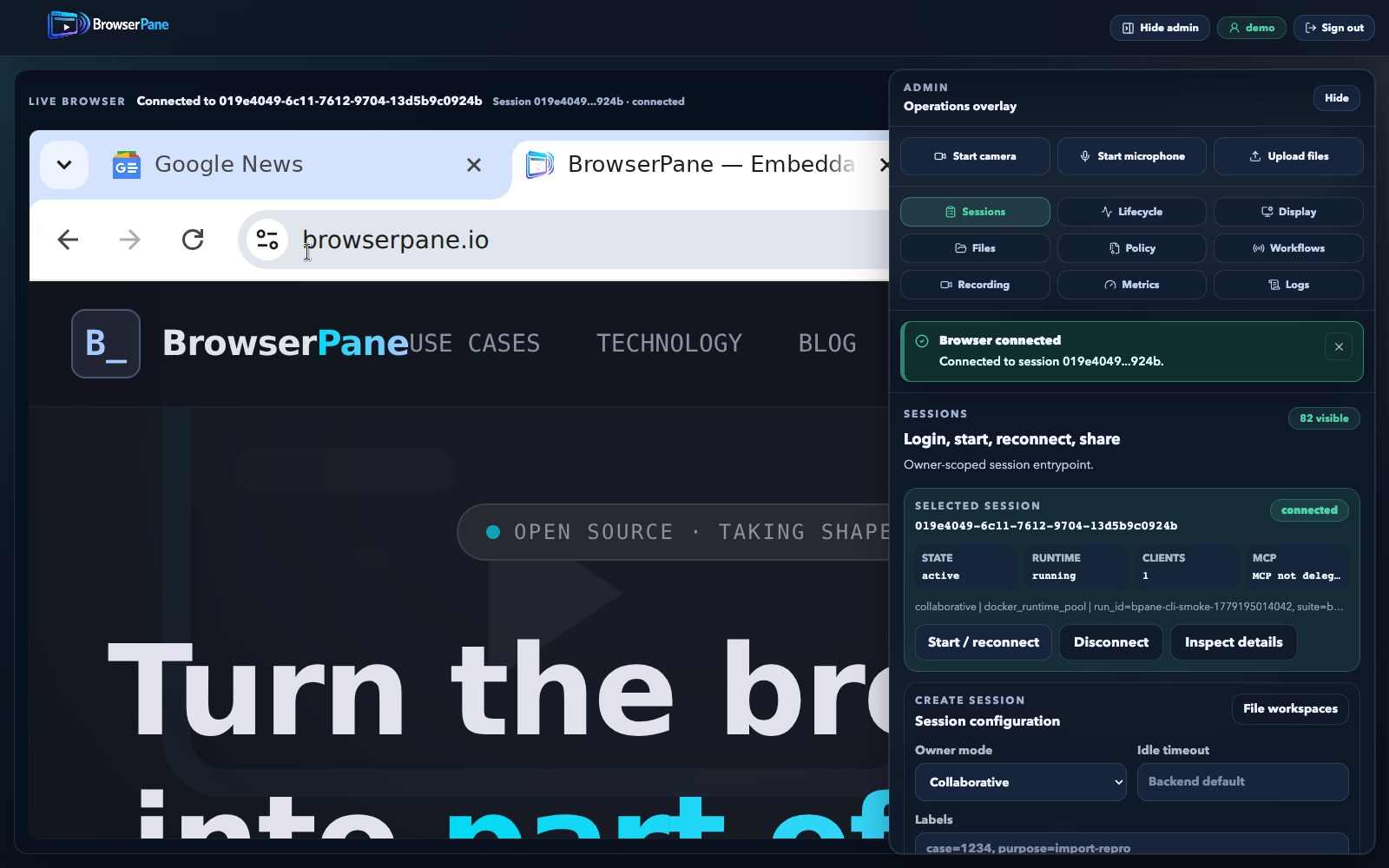 BrowserPane live workspace sessions tab