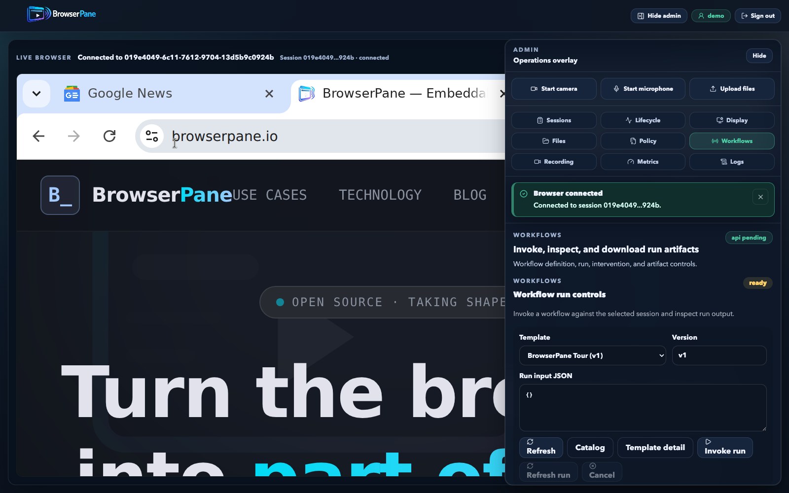 BrowserPane live workspace workflows tab