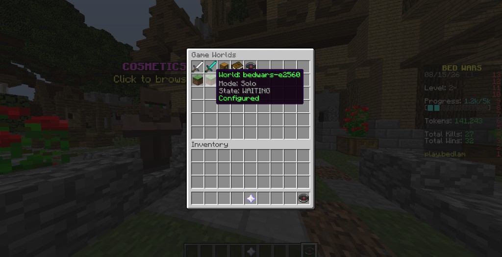 Game World Setup menu listing arenas