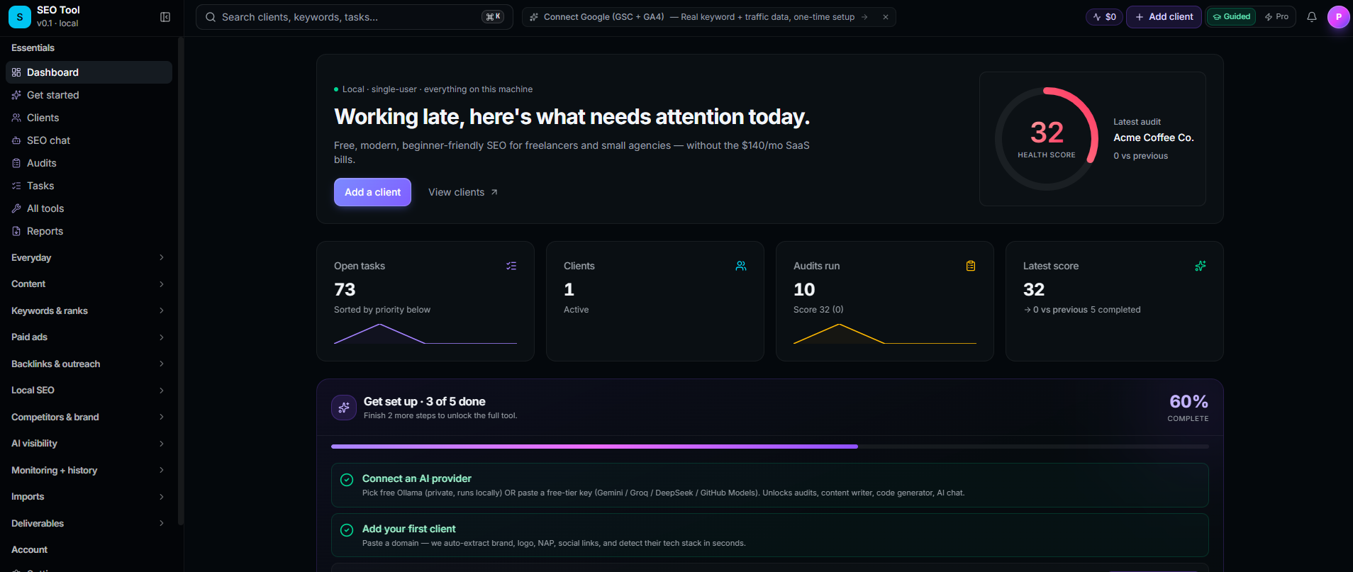 SEO Tool dashboard — health score, today's priorities, open tasks, latest audit score