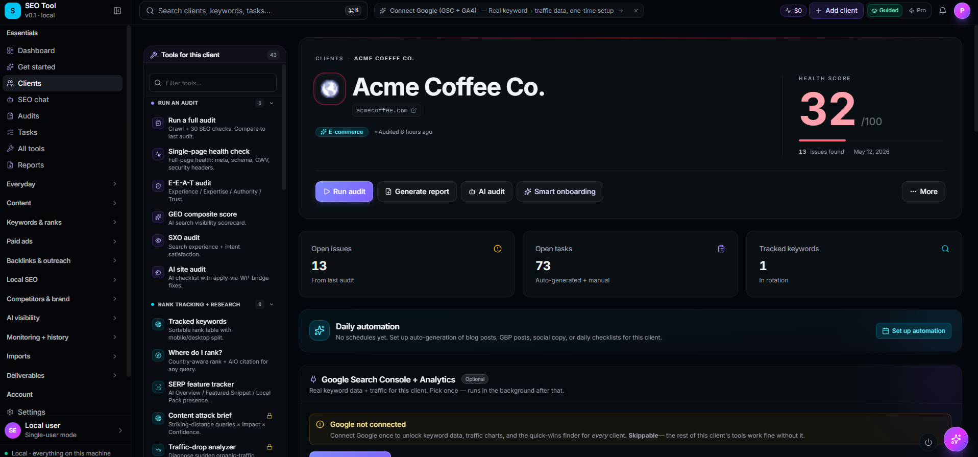 Client dashboard for Acme Coffee Co. showing a 32/100 health score gauge, open tasks (73), client count, audits (10), and a setup checklist at 60% complete