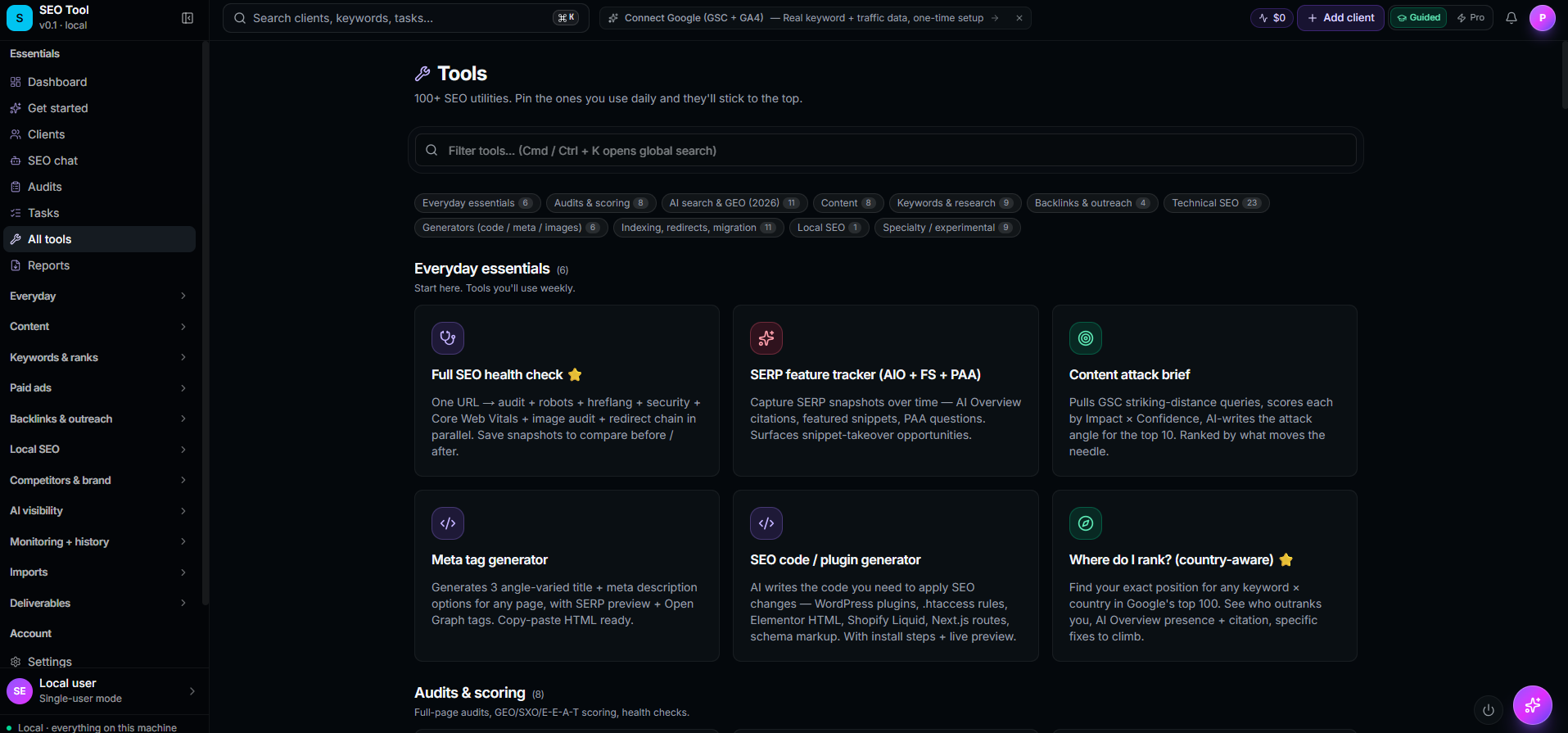 All Tools page showing 13 category filters — Audits & scoring, Reports, On-page, Schema, Indexing, Speed, Keywords & content, Backlinks & outreach, Local SEO, Competitors & brand, AI visibility, Imports & integrations — and a grid of tool cards including Full SEO health check, SERP feature tracker, Content attack brief, Meta tag generator, SEO code generator