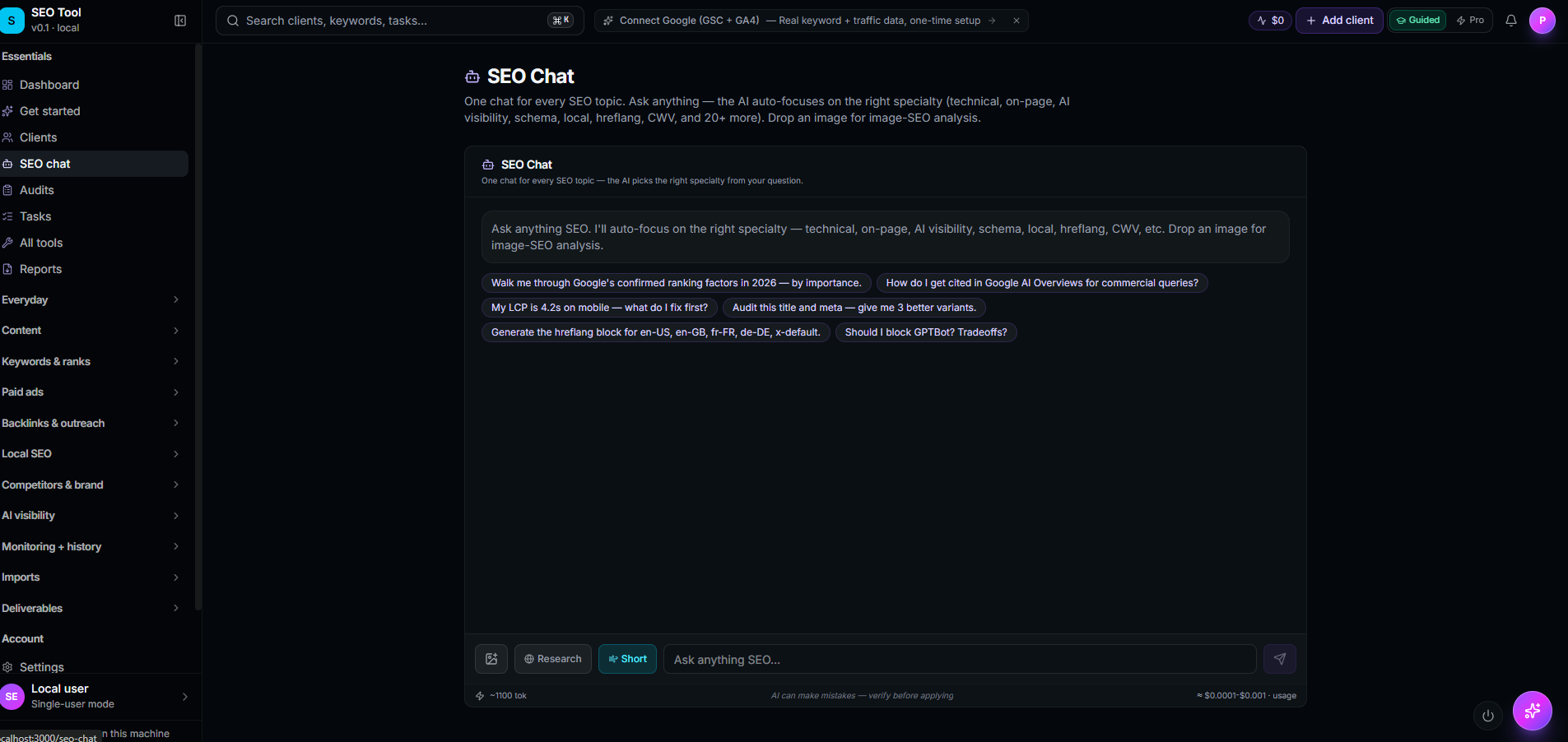 SEO Chat interface with starter prompts including 'Walk me through Google's confirmed ranking factors in 2026', 'How do I get cited in Google AI Overviews', 'My LCP is 4.2s on mobile — what do I fix first?', and 'Should I block GPTBot? Tradeoffs?'