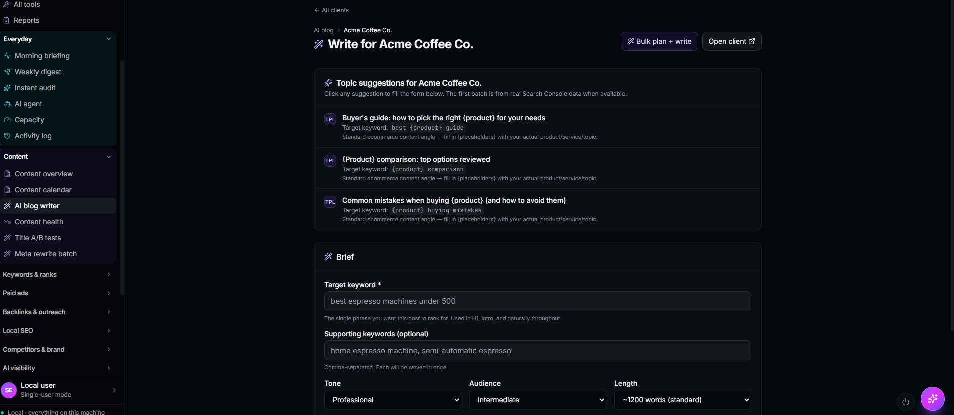 AI blog writer for Acme Coffee Co. showing topic suggestions like 'Buyer's guide: how to pick the right product for your needs' and 'Common mistakes when buying' alongside a brief form with target keyword 'best espresso machines under 500', supporting keywords, tone, audience, and length controls